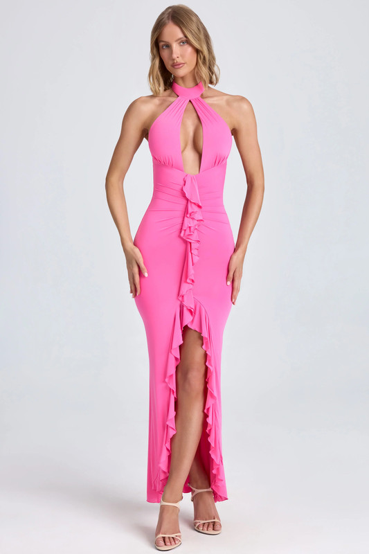 Halterneck Ruffle-Trim Gown in Lollipop Pink - UK Size:10